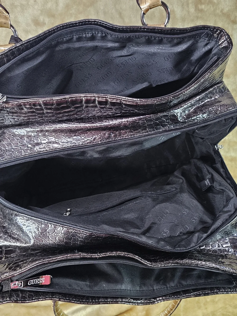 GUESS Metallic Black Croc-Embossed Tote and Satchel Set